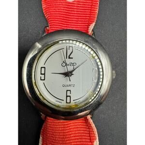 Vintage Swap Ladies Quartz Silver Tone Watch Red Polka Dot Fabric Nato Strap